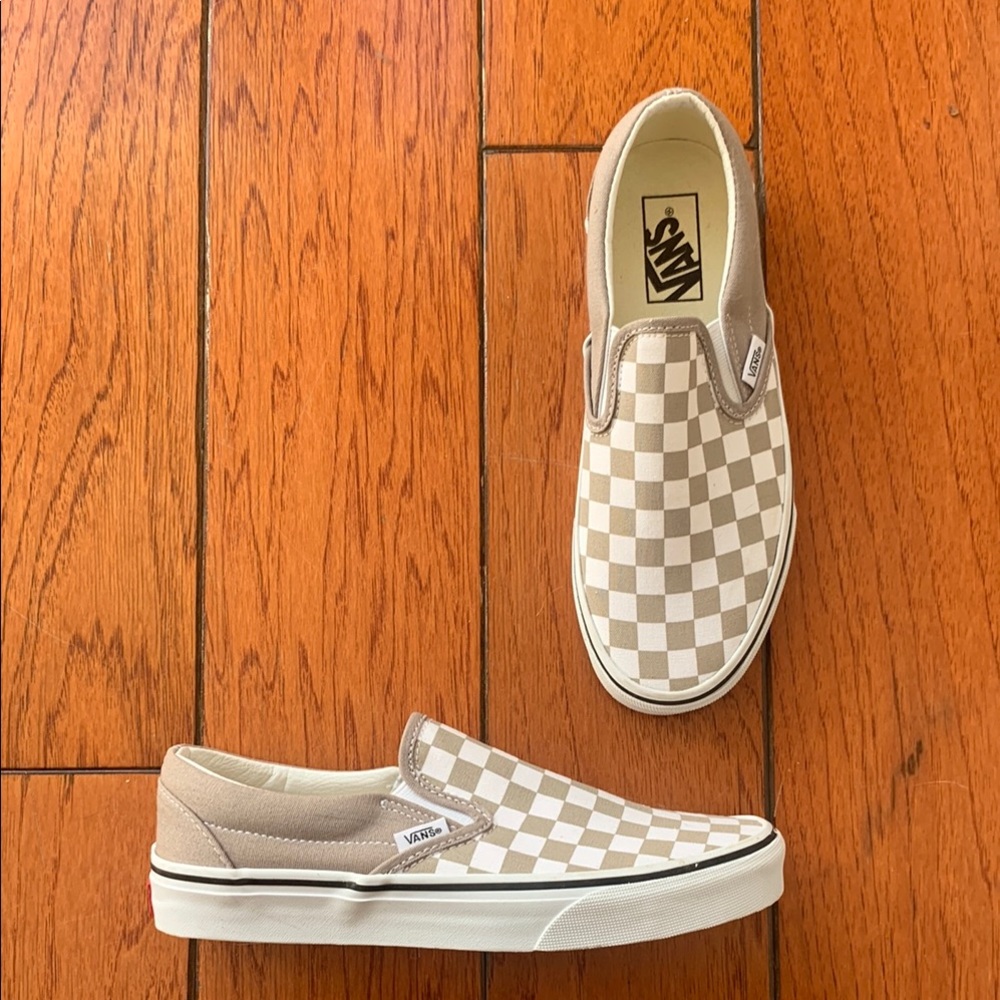 Vans Beige and White Checkered Slip-On Shoes